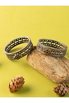 Two-Tone Finish Kundan Polki Temple Bangles In Sterling Silver (Set Of 2)