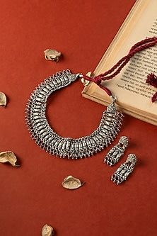 White Finish Ruby Stone Temple Necklace Set In Sterling Silver