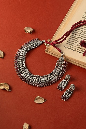 White Finish Ruby Stone Temple Necklace Set In Sterling Silver