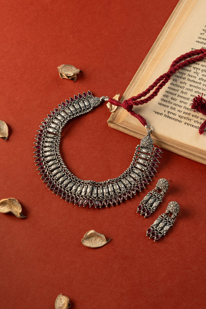 White Finish Ruby Stone Temple Necklace Set In Sterling Silver
