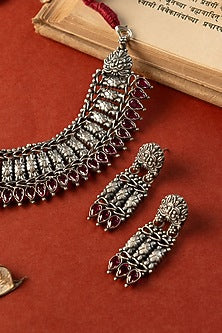 White Finish Ruby Stone Temple Necklace Set In Sterling Silver