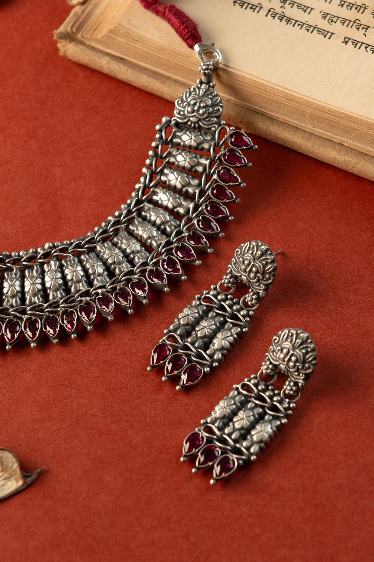 White Finish Ruby Stone Temple Necklace Set In Sterling Silver