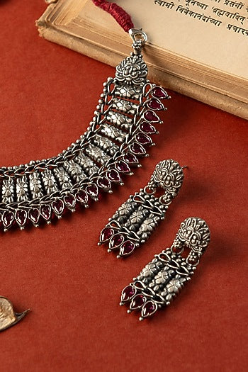 White Finish Ruby Stone Temple Necklace Set In Sterling Silver