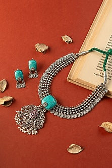 White Finish Turquoise Stone & Pearl Temple Long Necklace Set In Sterling Silver