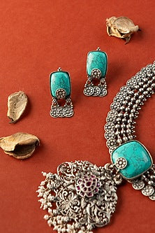 White Finish Turquoise Stone & Pearl Temple Long Necklace Set In Sterling Silver