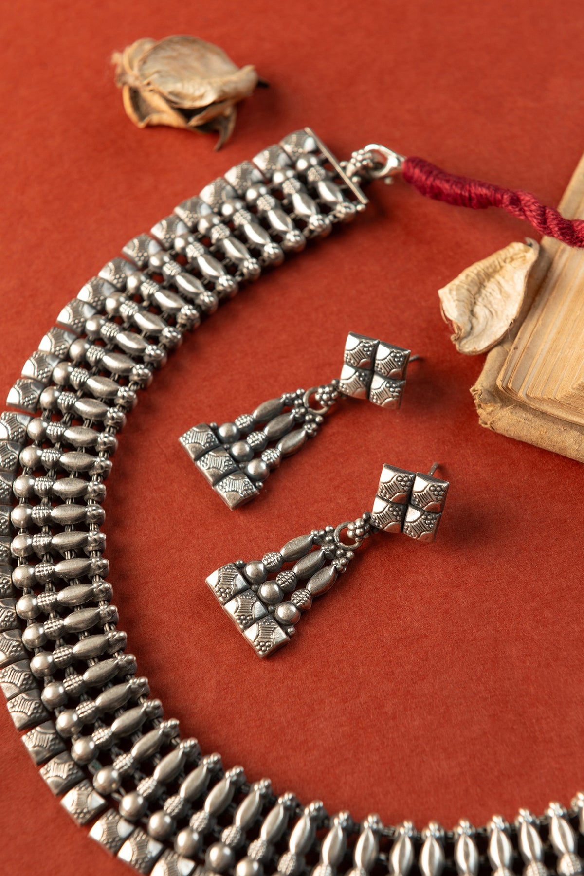White Finish Temple Necklace Set In Sterling Silver