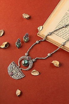 White Finish Labradorite & Kempstone Temple Long Necklace Set In Sterling Silver