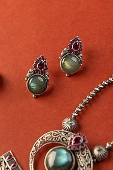 White Finish Labradorite & Kempstone Temple Long Necklace Set In Sterling Silver