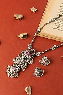 White Finish Pearl & Kempstone Temple Long Necklace Set In Sterling Silver