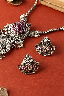White Finish Pearl & Kempstone Temple Long Necklace Set In Sterling Silver
