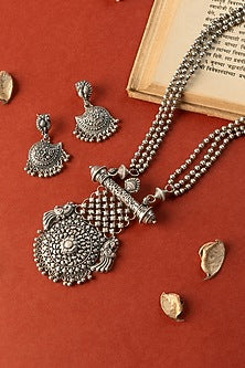 White Finish Temple Long Necklace Set In Sterling Silver