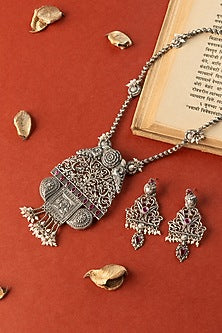 White Finish Kempstone Temple Long Necklace Set In Sterling Silver