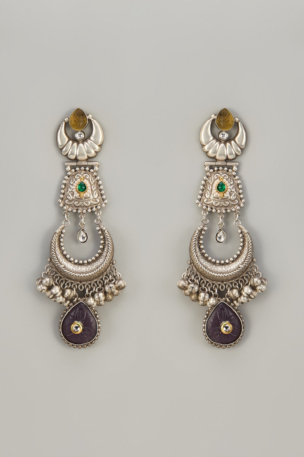 Black Rhdoium Finish Oxidized Purple & Gold Stone Dangler Earrings
