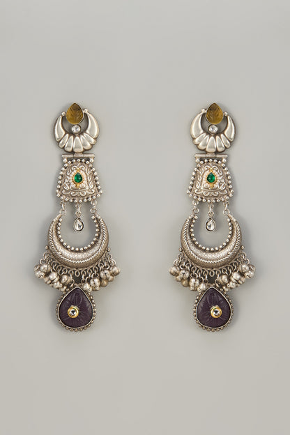 Black Rhdoium Finish Oxidized Purple & Gold Stone Dangler Earrings