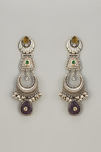 Black Rhdoium Finish Oxidized Purple & Gold Stone Dangler Earrings