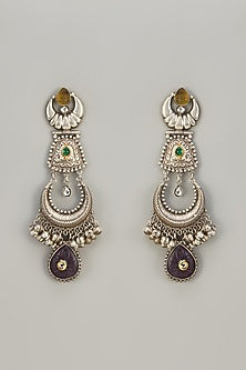 Black Rhdoium Finish Oxidized Purple & Gold Stone Dangler Earrings