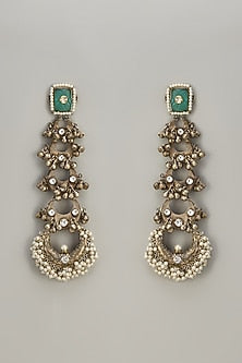 Black Rhodium Finish Turquoise Carved Stone & Ghungroo Chandbali Earrings