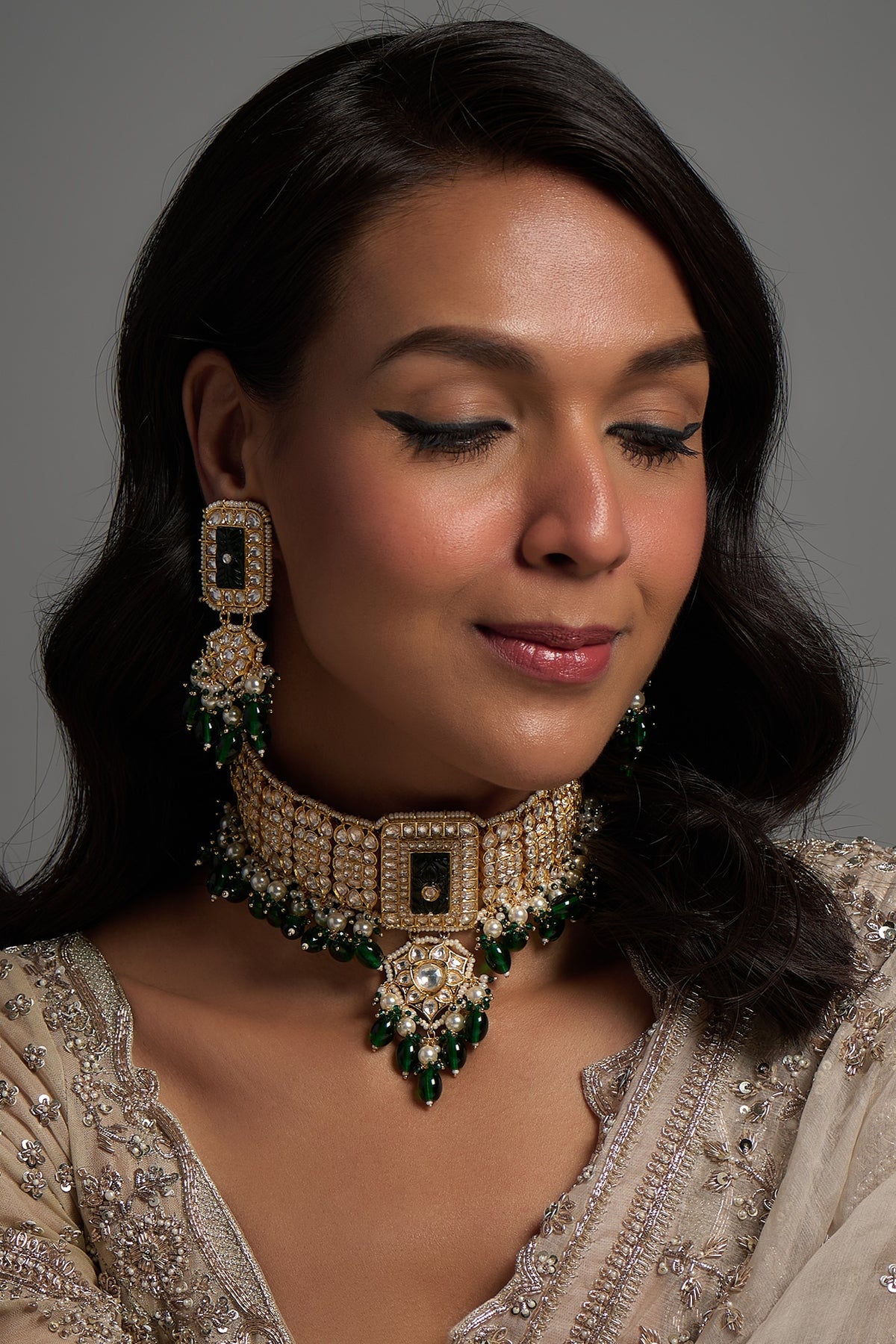 Two Tone Finish Kundan Polki & Emerald Choker Necklace Set