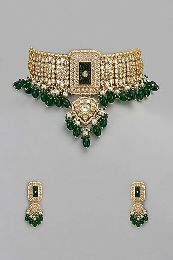 Two Tone Finish Kundan Polki & Emerald Choker Necklace Set
