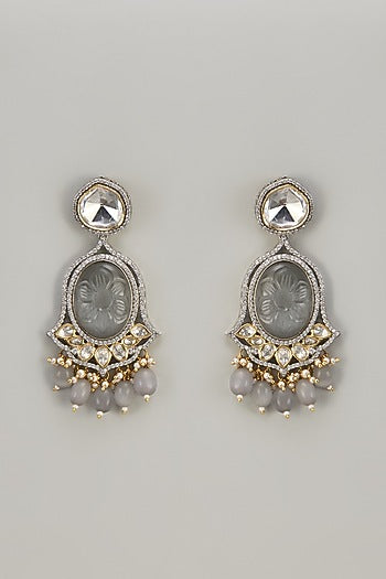 Two Tone Finish Kundan Polki & Grey Carved Stone Dangler Earrings