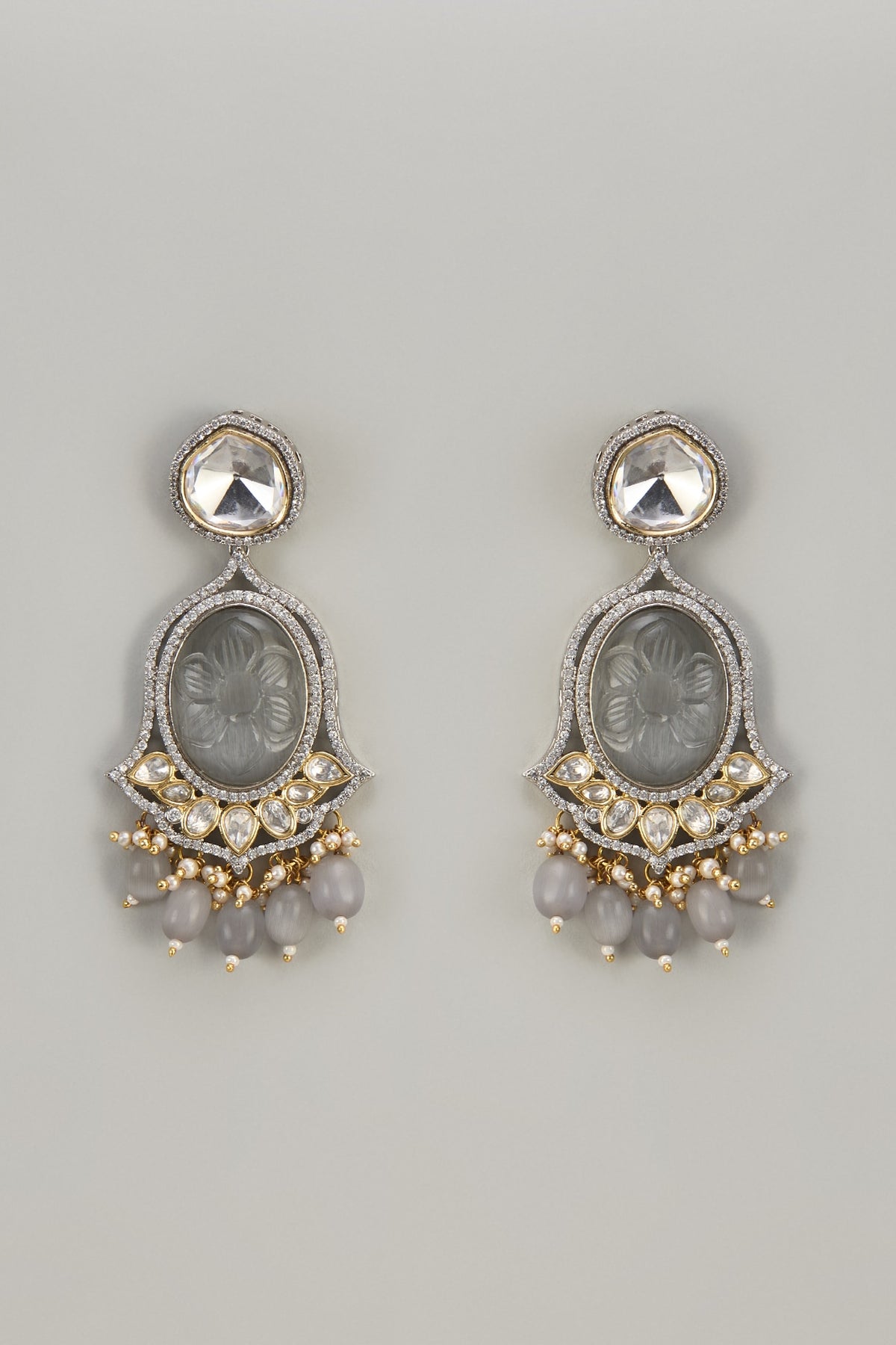 Two Tone Finish Kundan Polki & Grey Carved Stone Dangler Earrings