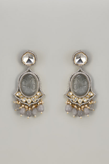 Two Tone Finish Kundan Polki & Grey Carved Stone Dangler Earrings