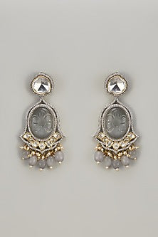 Two Tone Finish Kundan Polki & Grey Carved Stone Dangler Earrings