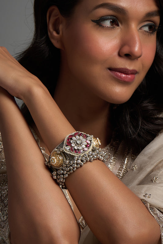 Black Rhodium Finish Kundan Polki & Multi-Colored Stone Meenakari Handcuff