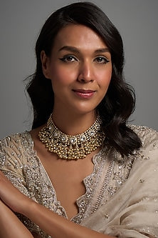 Gold Finish Oxidized Kundan Polki & Ghungroo Hanging Choker Necklace Set