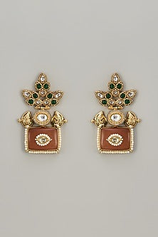 Gold Finish Kundan Polki & Brown Stone Stud Earrings