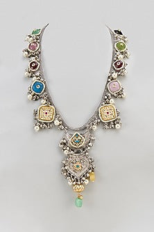 Black Rhodium Finish Oxidized Multi-Colored Stone Boho Long Necklace