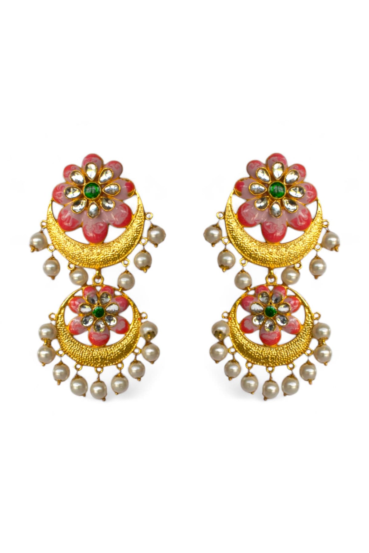Gold Finish Kundan Polki & Pearl Enamelled Dangler Earrings