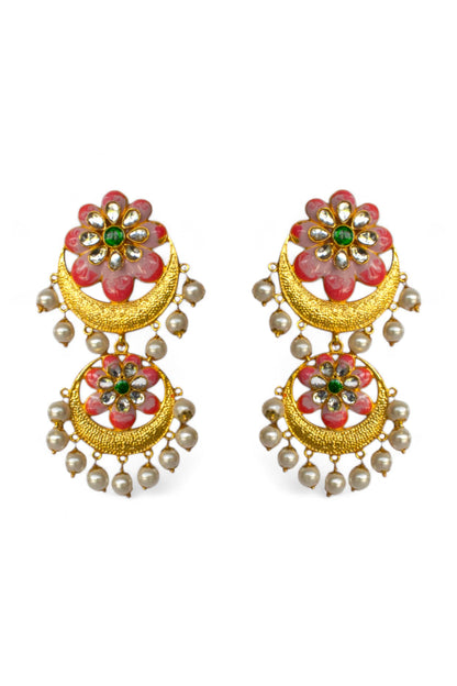 Gold Finish Kundan Polki & Pearl Enamelled Dangler Earrings