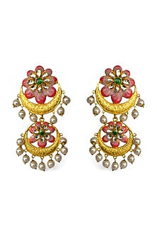 Gold Finish Kundan Polki & Pearl Enamelled Dangler Earrings
