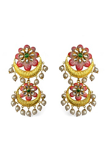 Gold Finish Kundan Polki & Pearl Enamelled Dangler Earrings