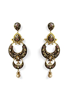 Gold Finish Kundan Polki & Pearl Hand-Painted Meenakari Dangler Earrings