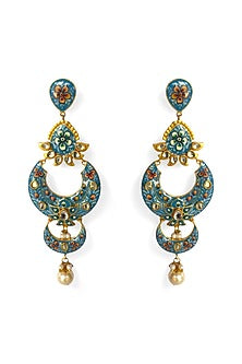 Gold Finish Kundan Polki Hand-Painted Meenakari Dangler Earrings