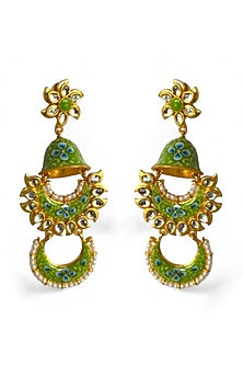 Gold Finish Kundan Polki Meenakari Chandbaali Earrings