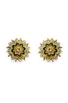 Gold Finish Kundan Polki Enamelled Stud Earrings