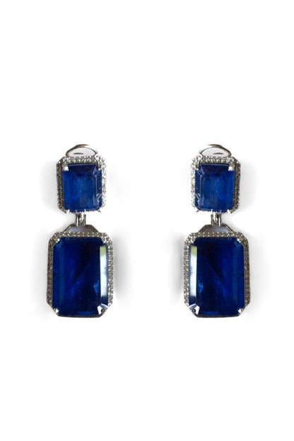 White Finish Blue Doublet Stone Dangler Earrings