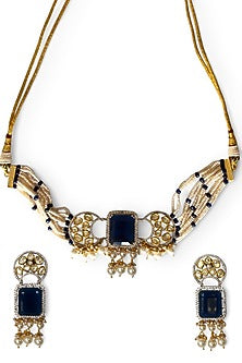 Two-Tone Finish Blue Sapphire Stone & Pearl Choker Necklace Set