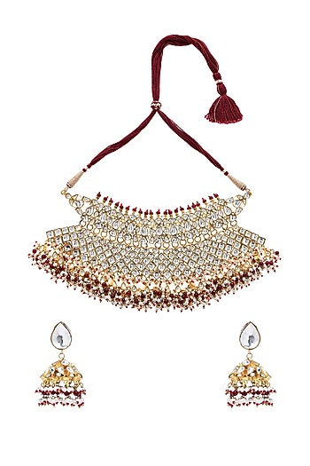 Gold Finish Red Beaded Choker Necklace Set