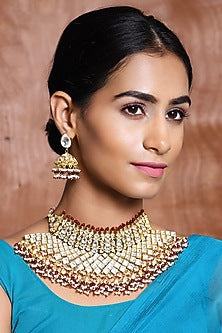 Gold Finish Red Beaded Choker Necklace Set