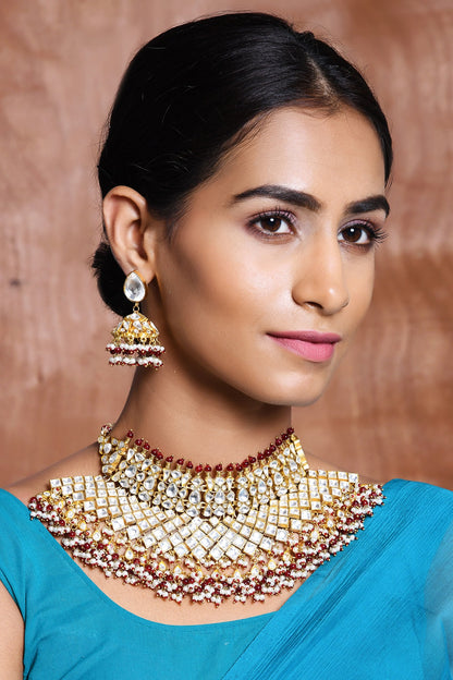 Gold Finish Red Beaded Choker Necklace Set