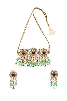 Gold Finish Mint Synthetic Stone Choker Necklace Set