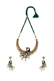 Gold Finish Pearl Meenakari Necklace Set