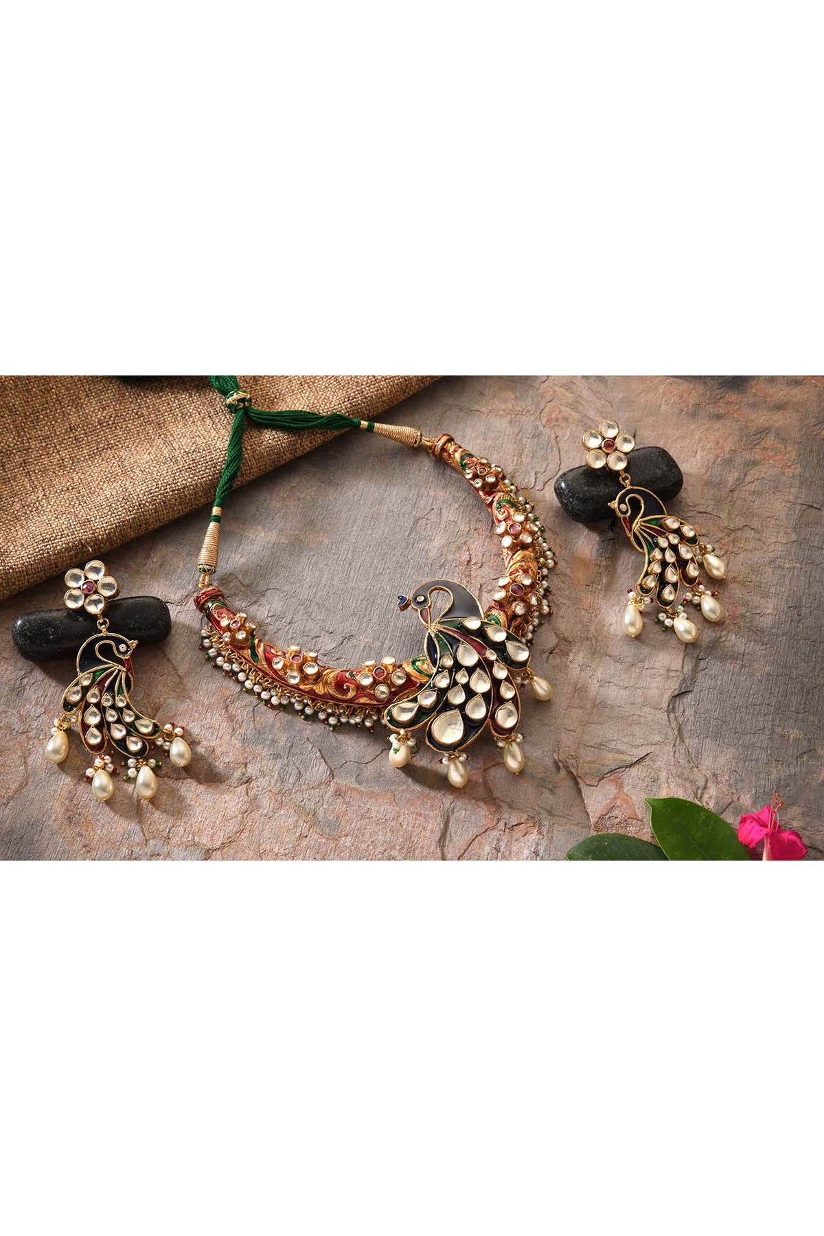 Gold Finish Pearl Meenakari Necklace Set