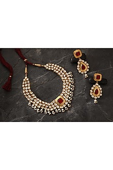Gold Finish Red Stone Necklace Set