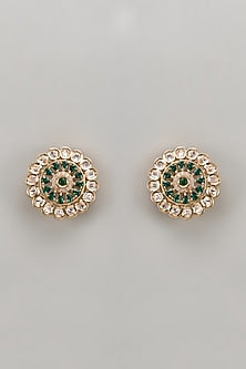 Gold Plated Kundan Polki & Emerald Stone Stud Earrings