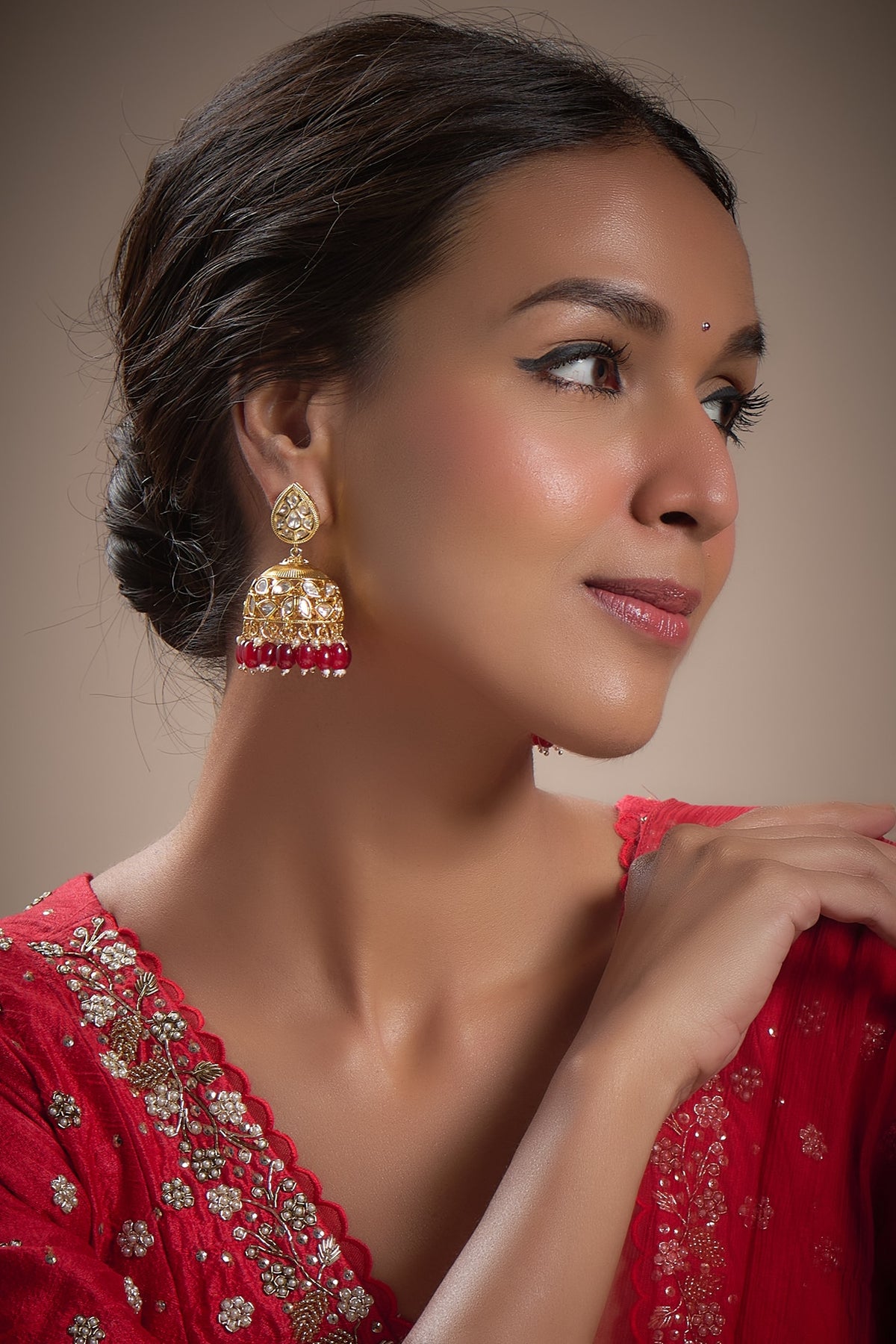 Gold Plated Kundan Polki & Ruby Beaded Jhumka Earrings